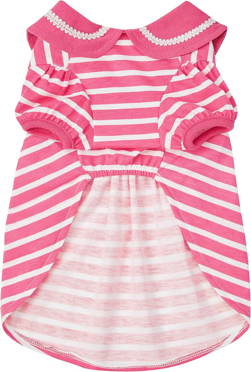 Blueberry Pet Sea Lover Rose Pink Striped Cotton Blend Dog Dress with Bowtie - Back Length 14" - Pack of 1