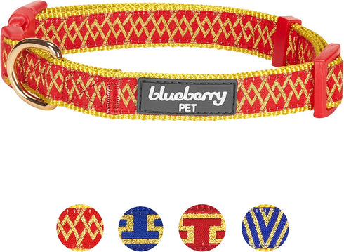 Blueberry Pet Adjustable Dog Collar, Gold Metallic Thread Zigzag, True Red, Small, Neck 12"-16"