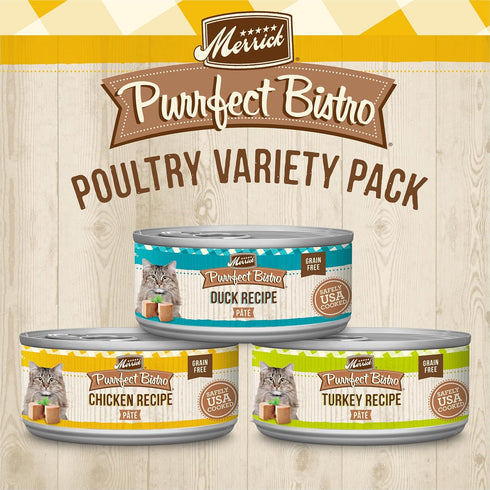 Merrick Purrfect Bistro Grain Free Premium Canned Pate Adult Wet Cat Food, Variety Pack, Chicken, Duck, Turkey - (Pack