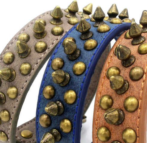 Spiked Dog Collar, Adjustable Pu Leather Pet Collars with Mushroom Rivet Studs for Cats and Dogs (L, Navy)