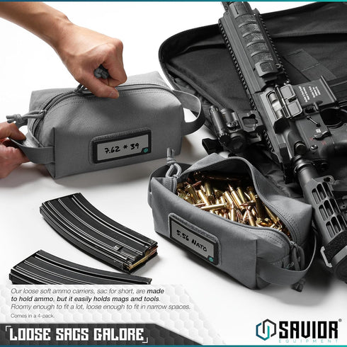4-Pack Ammo Ammunition Ammos Savior Equipment Loose Sacs Tactical Pouch Firearm Carrier Bag, ID Patches Included, Rifle