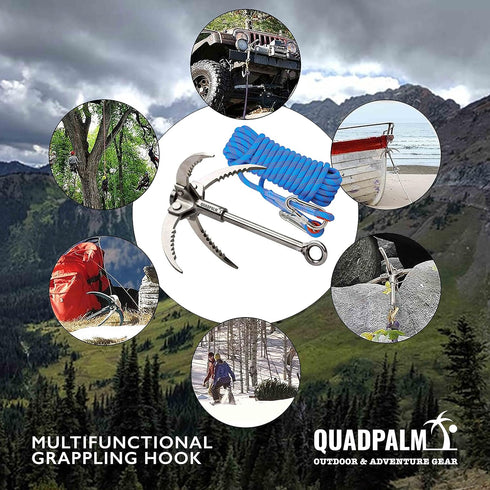 Grappling Hook with 10m Rope - Multifunctional QUADPALM Grapple Hook with 4 Stainless Steel Folding Claws