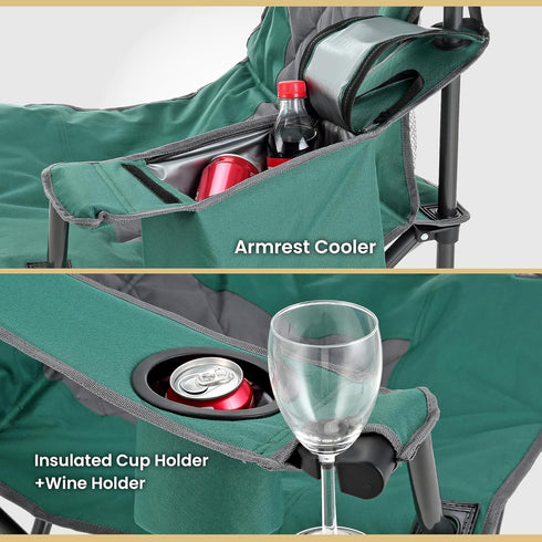6-can 550 lbs ARROWHEAD OUTDOOR Portable Deluxe Folding Camp Quad Chair w/Headrest, Glass & Cup Holders, Armest Cooler