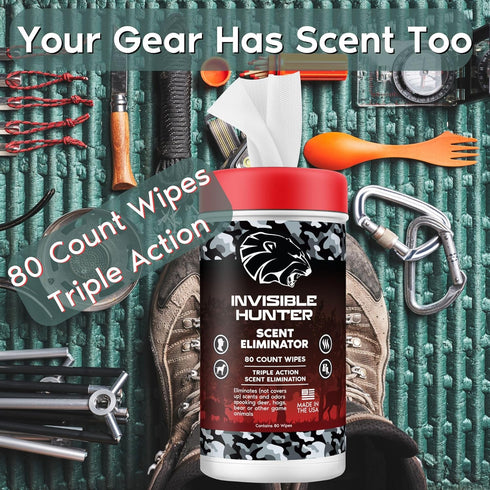 Zone Protects INVISIBLE HUNTER Scent Eliminator Wipes, 80-Count Triple Action Odor Control for Gear & Skin