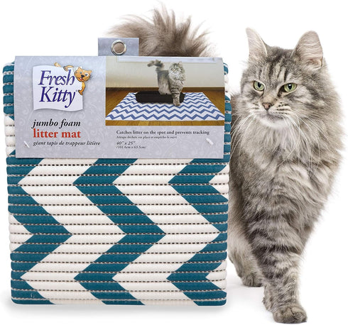 Fresh Kitty Durable XL Jumbo Foam Litter Mat - Phthalate and BPA Free, Water Resistant, Easy Clean, Chevron, Blue/White