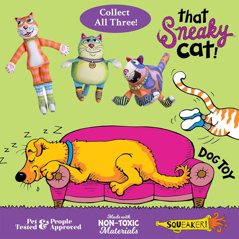 FUZZU Durable Dog Toy with Squeaker, Floppy Tough Chew Toy, That Sneaky Cat! - Medium