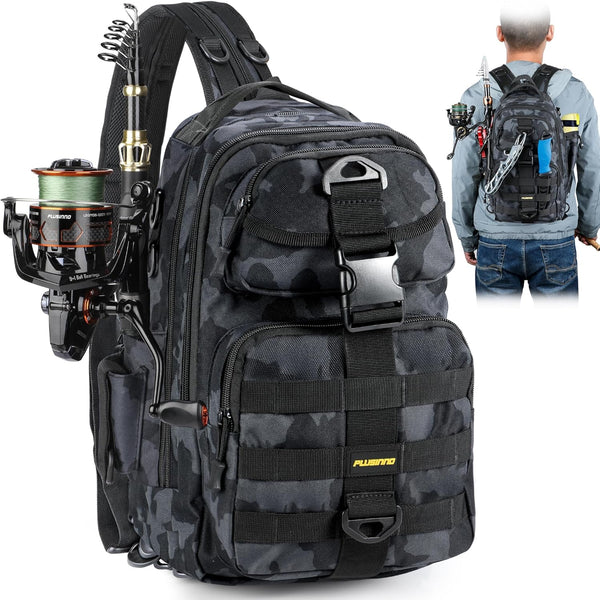 PLUSINNO Fishing Backpack Tackle Bag, Water-Resistant with Rod Holder, Ideal Fishing Gifts