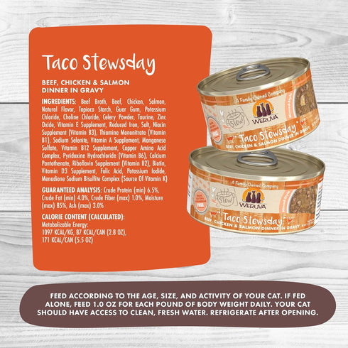 Weruva Classic Cat Stews! - Taco Stewsday with Beef, Chicken & Salmon in Gravy, 2.8oz Can (Pack of 12)