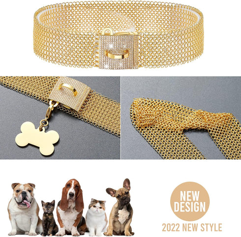 Dog Chain Collar Necklace 18K White Gold Plated Stainless Steel with Bling Bling CZ Design Secure Buckle (Gold, 14")