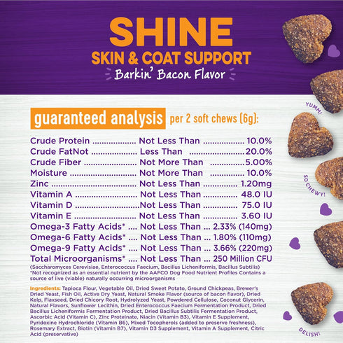 Soft Chew Skin & Coat Supplements for Dogs, Bacon Flavored, 45 Count - Wellness Barkin'