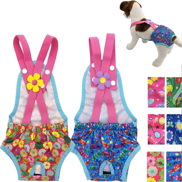 Pack of 2 Washable Reusable Female Dog Diapers with Suspenders, Stay On for Small Pet (XS: Waist 12" - 14", Pink