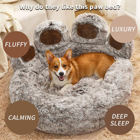 Jiupety Cute Round Calming Dog Bed, Plush Paw Shape Bed for Medium Large Breed Dogs, Soft and Cozy with Bolster, Gray