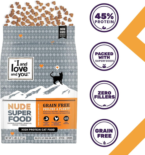 I and love and you Nude Super Food Dry Cat Food - Turkey + Chicken, Grain Free, High Protein, 5lb Bag
