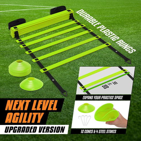 Yes4All Ultimate Combo Agility Ladder Training Set – 12 Adjustable Rungs, 12 Agility Cones & 4 Steel Stakes