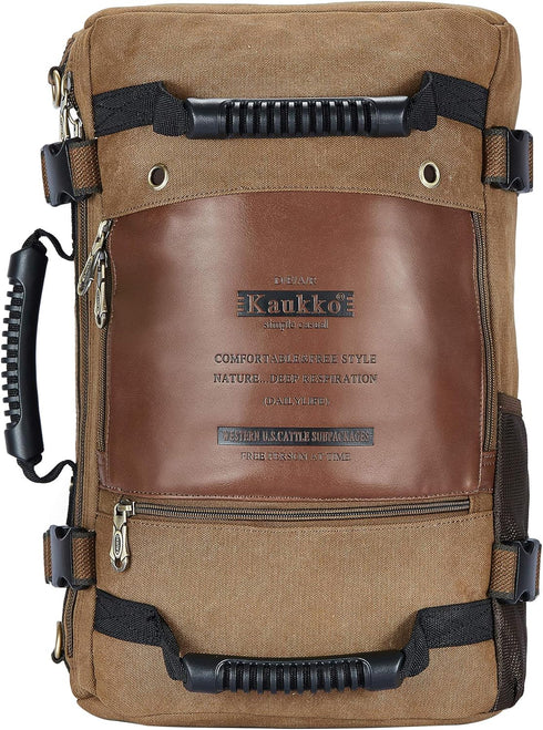 KAUKKO Outdoor Travel Men Backpack, Hiking Camping Canvas Rucksack, Canvas Khaki