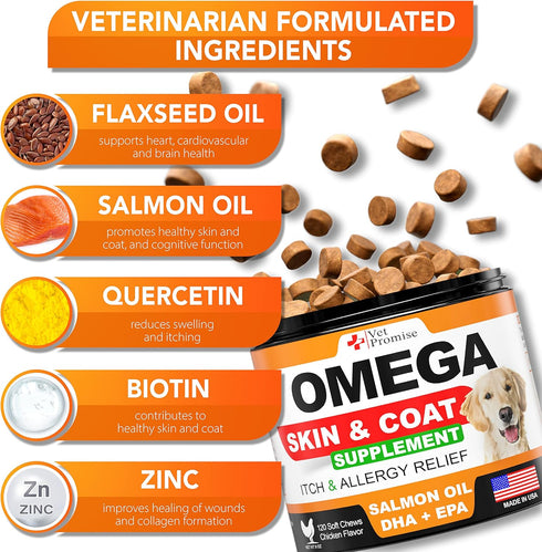 Omega 3 for Dogs - Skin and Coat Supplement, Fish Oil Chews for Allergy Relief, Anti-Shedding, Dry Skin Treatment - 120