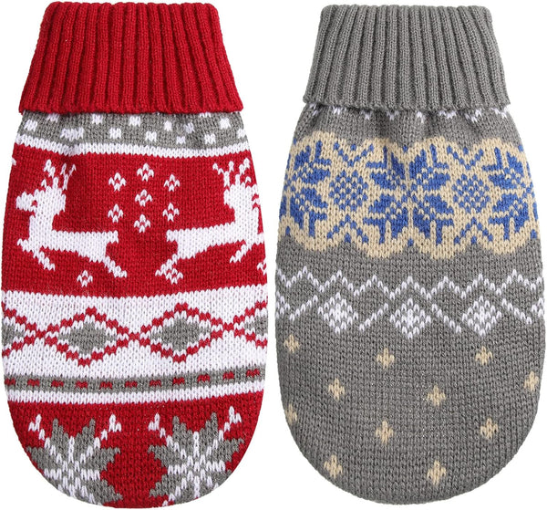 2 Pieces Christmas Cat Dog Sweater - Holiday Sweater for Small Dogs - Warm Reindeer Snowflake Knitwear