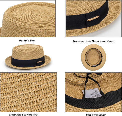 Women's 1920s Pork-Pie Sun Hat, Summer Straw Fedora Beach Hat with Band (M/L)