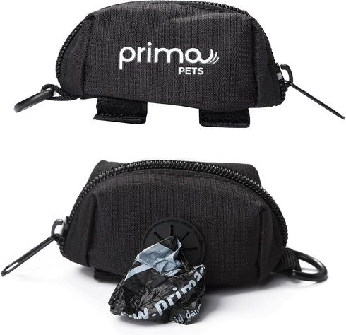 Dog Poop Bag Holder with Leash Attachment, Black - Includes 1 Roll of Poop Bags, Lightweight Fabric Dispenser