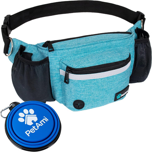 PetAmi Dog Fanny Pack, Treat Pouch for Walking, Built-in Poop Bag Dispenser, Water Bottle Holder (Turquoise)