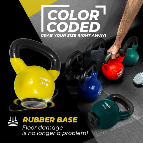 Yes4All Kettlebells, Rubber Base Kettlebell Set for Women, Strength Training Weights (10-65 lbs)