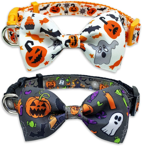2 Pack Halloween Dog Collar with Bowtie - Holiday Jack-O-Lantern and Pumpkin Collar for Small Medium Large Dogs