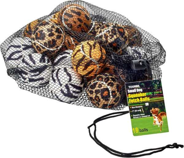 Unique Sports Small Dog Animal Print Mini Tennis Fetch Balls, Squeaker Ball Dog Toy 18 Pack