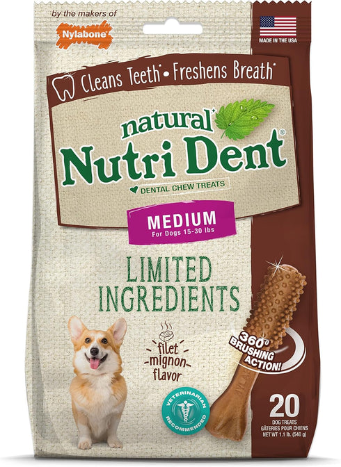 Nylabone Nutri Dent Dog Dental Chews - Medium (20 Count) - Natural Dog Teeth Cleaning & Breath Freshener Treats - Filet