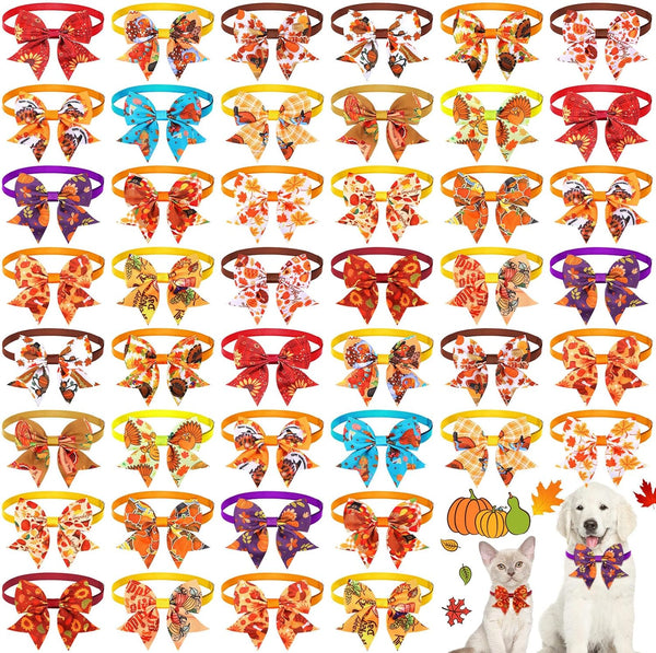 Maitys 40 Pcs Thanksgiving Dog Bow Ties - Autumn Turkey Pumpkin Adjustable Pet Ties for Grooming Accessories