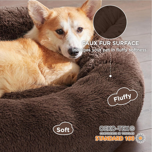 Bedsure Calming Dog Bed for Medium Dogs, Donut Washable Pet Bed, Anti-Slip Round Fluffy Faux Fur, Coffee