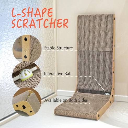 Cat Scratcher Board, L Shape Cat Scratch Pad for Indoor Cats, Floor Mounted Cardboard with Ball Toy