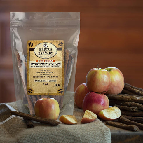 BRUTUS & BARNABY USA Sweet Potato Dog Treats - 8 oz Crunchy Grain Free Cinnamon Apple Sticks for Positive Gut Health