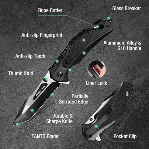 Mossy Oak Folding Pocket Knife with Aluminum Alloy & G10 Handle, 4.75" Tactical Knife with Tungsten Steel Glass