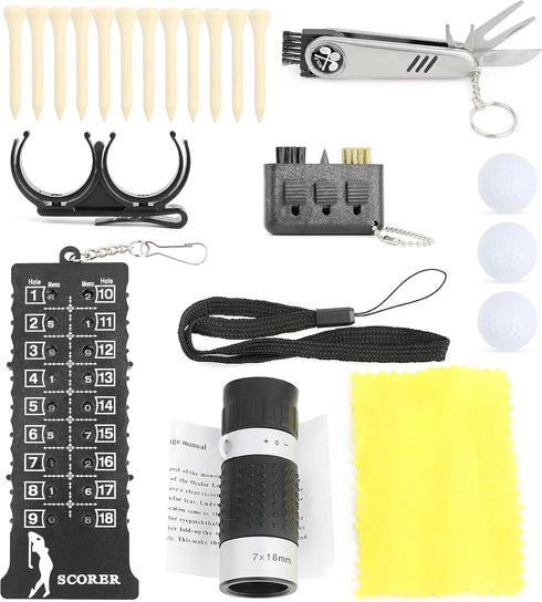Wolfman Golf Accessories Set with Hi-End Case, Golf Balls, Rangefinder, Tees, Brush, Divot Knife, Scorer