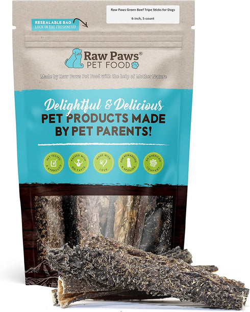 Raw Paws Green Beef Tripe Sticks for Dogs, 6-Inch (5-Count), Dried Tripe Dog Treats from Free-Range Cows