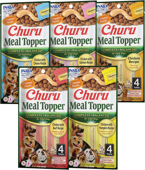 INABA Churu Meal Topper for Dogs, Complete & Balanced, Creamy Lickable Purée, 0.5 Ounce Tube, 20 Tubes