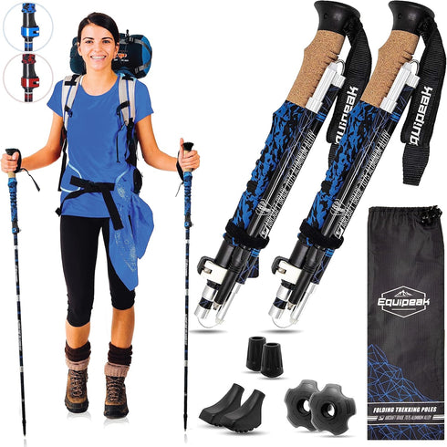Trekking Poles for Hiking - 2 Folding Walking Sticks with Cork & Eva Grip, Lightweight Collapsible for Backpacking