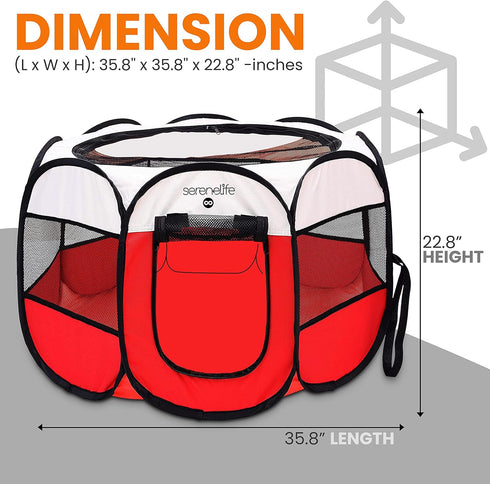 8-Panel SereneLife On-The-Go Foldable Portable Pet Tent Playpen for Dog & Cat w/Food/Water Bowl, Mesh Exercise Puppy