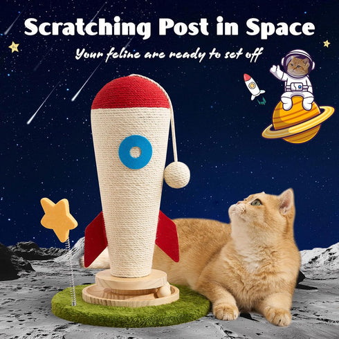 Cat Scratching Post, Rocket Cute Sisal Cat Scratcher with Durable Solid Wood Turntable Toy, Cat Scratch Post Red Cat