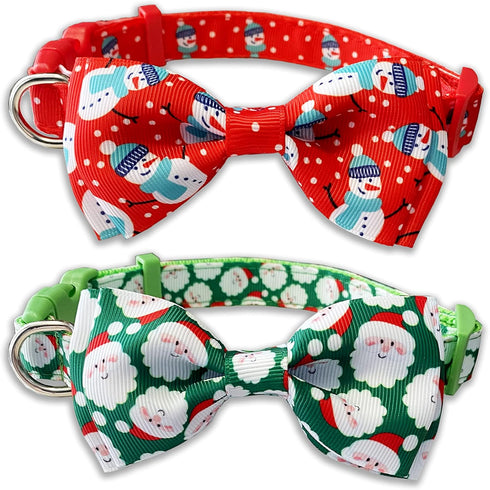 Christmas Dog Collar with Bow Tie, 2 Pack Holiday Santa and Snowman Collars for Small Medium Large Dogs