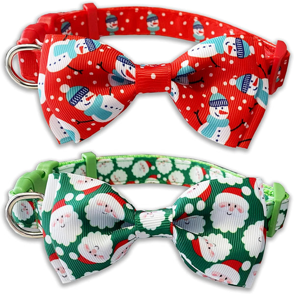 Christmas Dog Collar with Bow Tie, 2 Pack Holiday Santa and Snowman Collars for Small Medium Large Dogs
