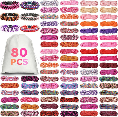 Riakrum 80 Pcs Paracord 550, 10ft Each Multifunction Paracord Ropes Combo Crafting