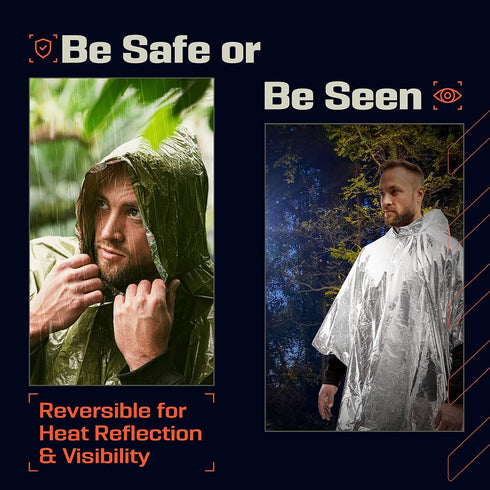 PREPARED4X Emergency Rain Poncho with Mylar Blanket Liner - Heavy Duty Waterproof Camping Gear