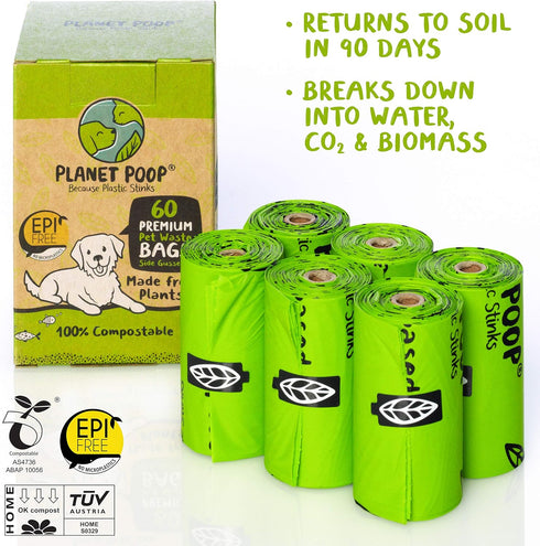 PLANET POOP Home Compostable Dog Poop Bags, 60 Premium Un-Scented Pet Waste Bags on Refill Rolls, Thick Leakproof