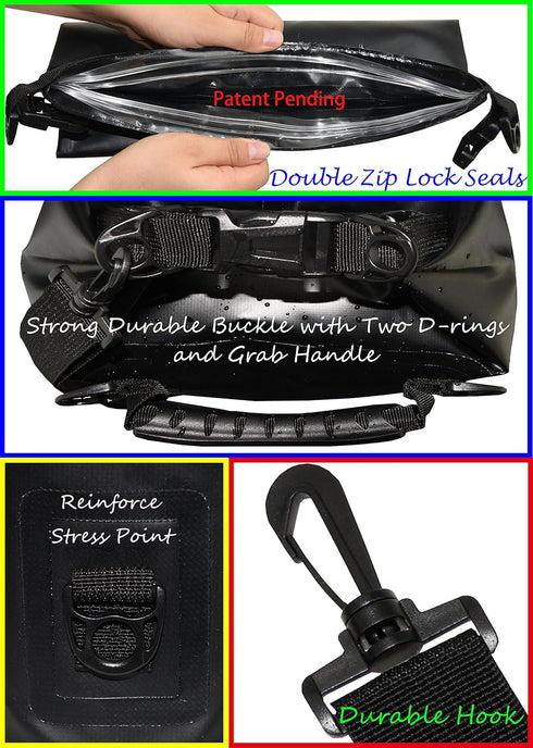 Waterproof Dry Bags Set of 3 with 2 Zip Lock Seals, Detachable Shoulder Strap, Waist Pouch & Phone Case - Black, 20L