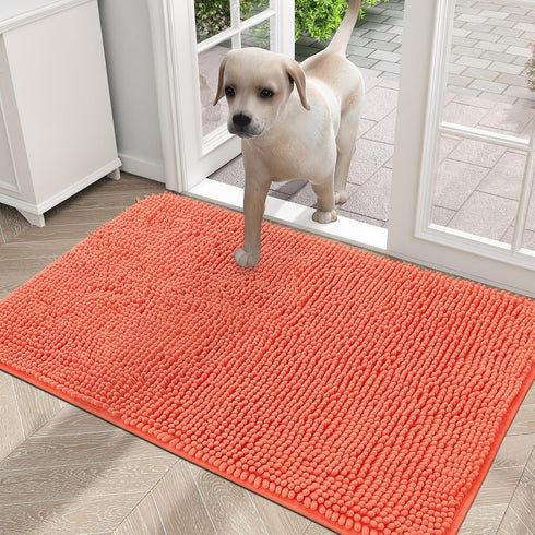 OLANLY Dog Door Mat for Muddy Paws, Absorbent Non-Slip Washable Mat, Quick Dry Chenille, 36x24, Coral