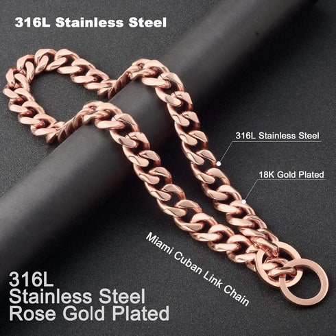 Dog Chain Collar High Rose Gold Polished 19MM Stainless Steel Cuban Link for Small Medium Big Dogs (26", RG)