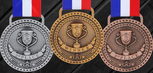 Gold Silver Bronze Medals for 1st 2nd 3rd Place Trophy Awards, Bright or Antique Finish with Attached Ribbon