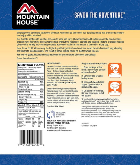 Mountain House Backpacking Lasagna with Meat Sauce | Freeze Dried & Camping Food