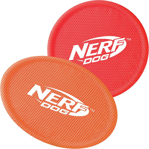 Nerf Dog Nylon Flyer Dog Toy, Flying Disc, Lightweight, Durable and Water Resistant, Great for Beach and Pool, 9 inch diameter, for Medium/Large Breeds, Two Pack, Orange and Red (8959)